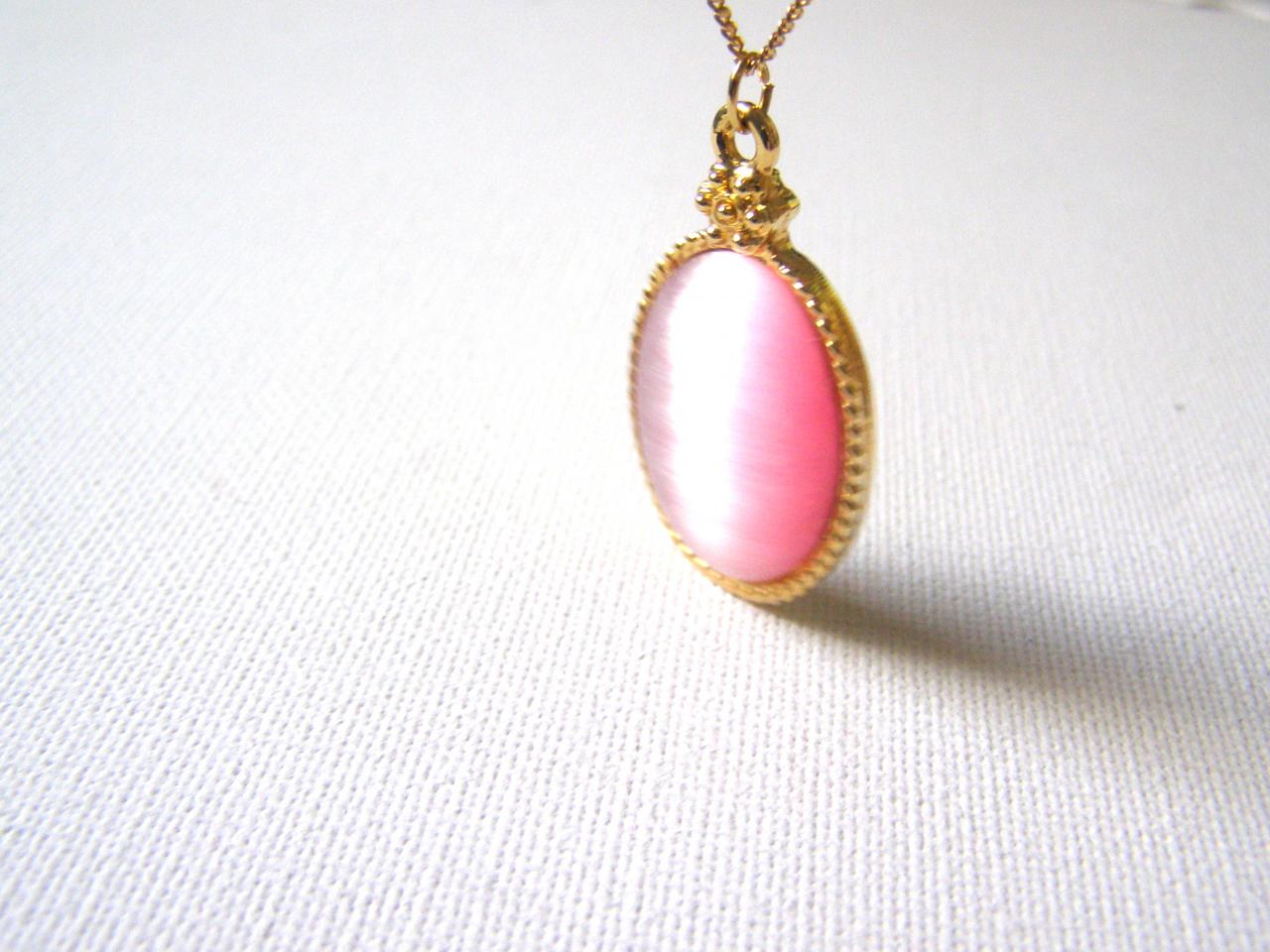 Pink Stone Necklace. Cat's Eye Pink Stone Cabochon Necklace